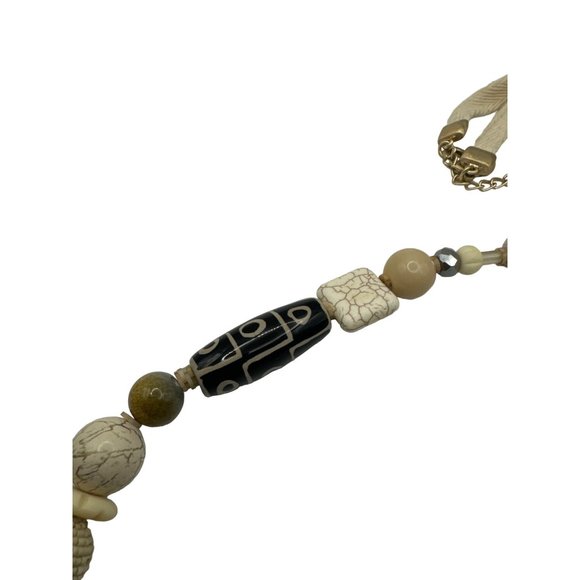 Chico's Multimedia Beaded Necklace Glass Stone Wicker Tans and Grays - Picture 3 of 5